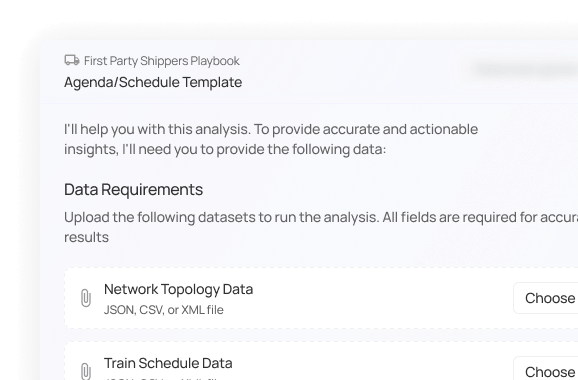 Screenshot of a data upload form titled 'First Party Shippers Playbook Agenda/Schedule Template' requesting network topology and train schedule data files in JSON, CSV, or XML format.