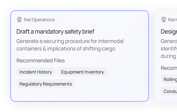 Rail Operations task card titled 'Draft a mandatory safety brief' to generate securing procedures for intermodal containers and cargo shifting, with recommended files Incident History, Equipment Inventory, and Regulatory Requirements.