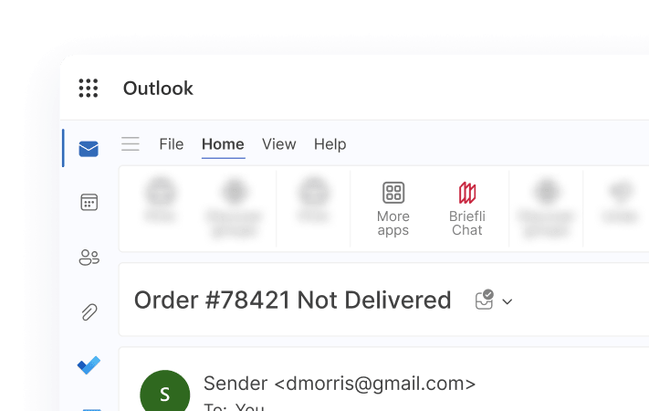 Microsoft Outlook email interface showing an email with subject 'Order #78421 Not Delivered' from sender dmorris@gmail.com.