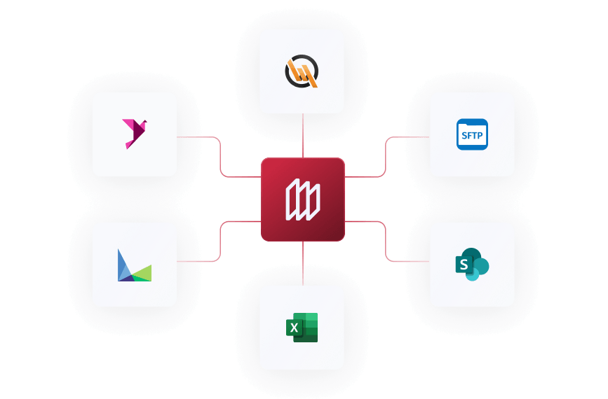 Central red icon connected by lines to six surrounding icons: Power BI, SFTP, SharePoint, Excel, Microsoft Dynamics, and another analytics tool.