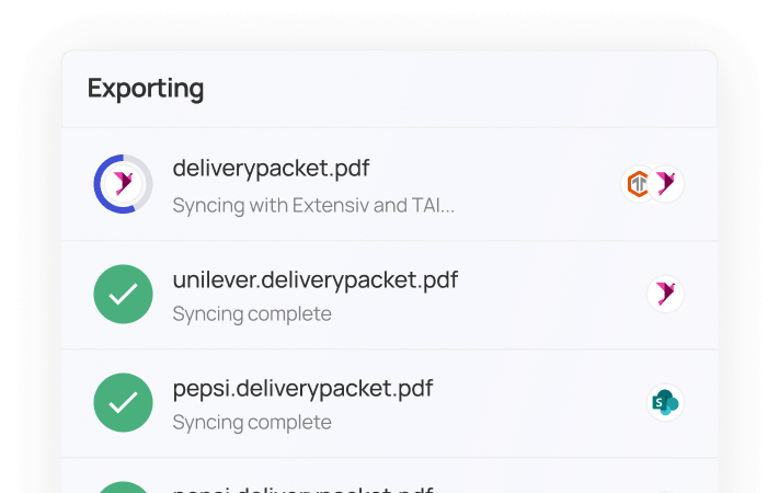 Exporting process list showing deliverypacket.pdf syncing and unilever.deliverypacket.pdf and pepsi.deliverypacket.pdf with syncing complete status.