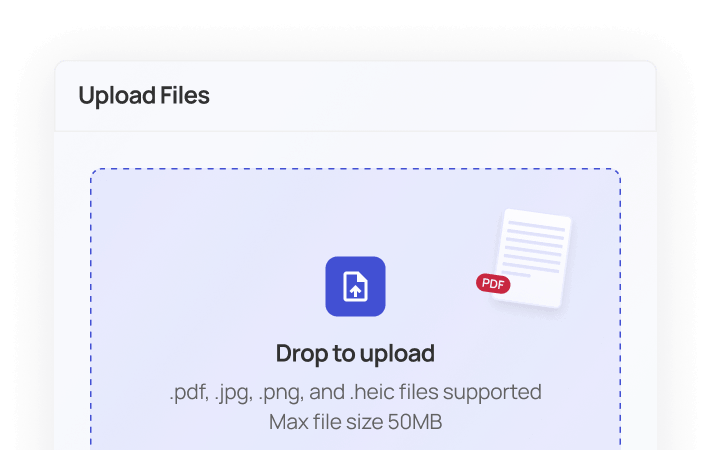 File upload interface with an icon and text indicating support for .pdf, .jpg, .png, and .heic files, max size 50MB.