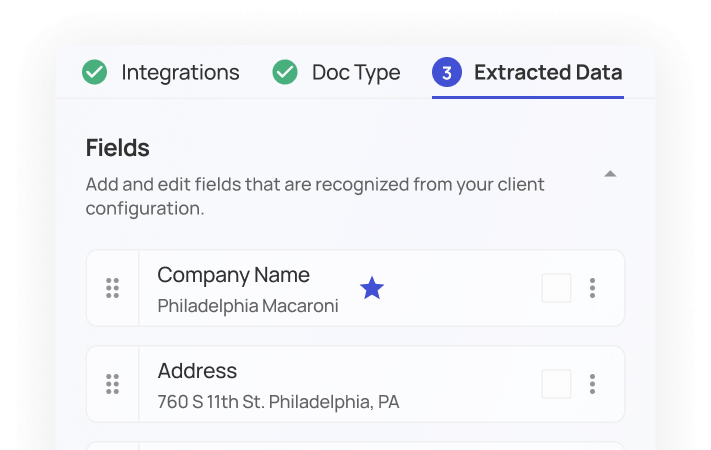 User interface showing a setup process with completed steps Integrations and Doc Type, and current step Extracted Data displaying editable fields including Company Name as Philadelphia Macaroni and Address as 760 S 11th St. Philadelphia, PA.