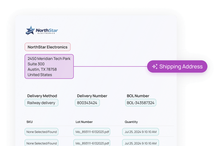 Section of NorthStar Electronics shipping document showing company address at 2450 Meridian Tech Park, Austin, TX, with delivery method, number, and BOL number details.