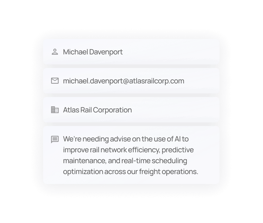 Contact card showing Michael Davenport from Atlas Rail Corporation requesting advice on using AI to improve rail network efficiency, predictive maintenance, and real-time scheduling for freight operations.