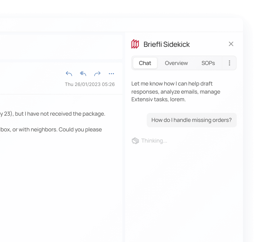 Screenshot of Briefli Sidekick chat interface showing a prompt asking how to handle missing orders with status 'Thinking...'.