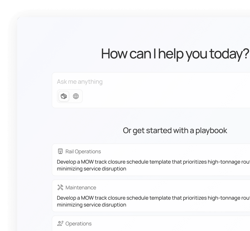A chat interface with the prompt 'How can I help you today?' and options to ask anything or start with a playbook including Rail Operations, Maintenance, and Operations templates.