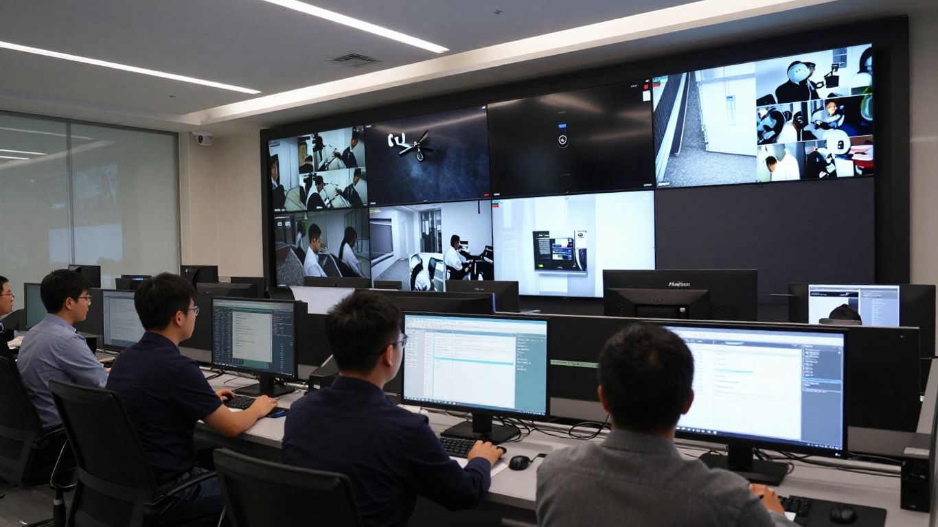 Avigilon security control room with multiple camera feeds.