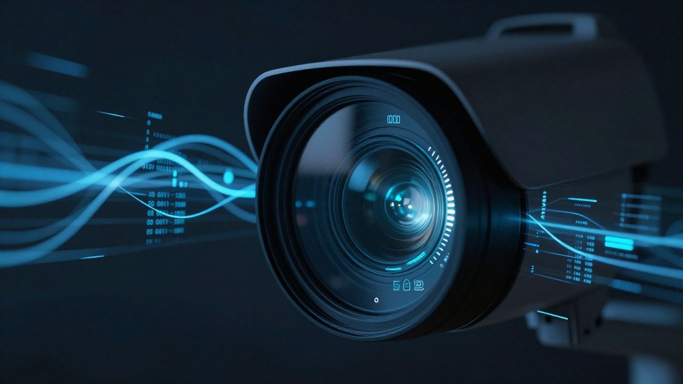 Eagle Eye AI camera lens with digital data streams.