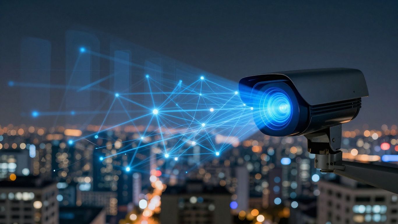 AI video surveillance camera monitoring a city.