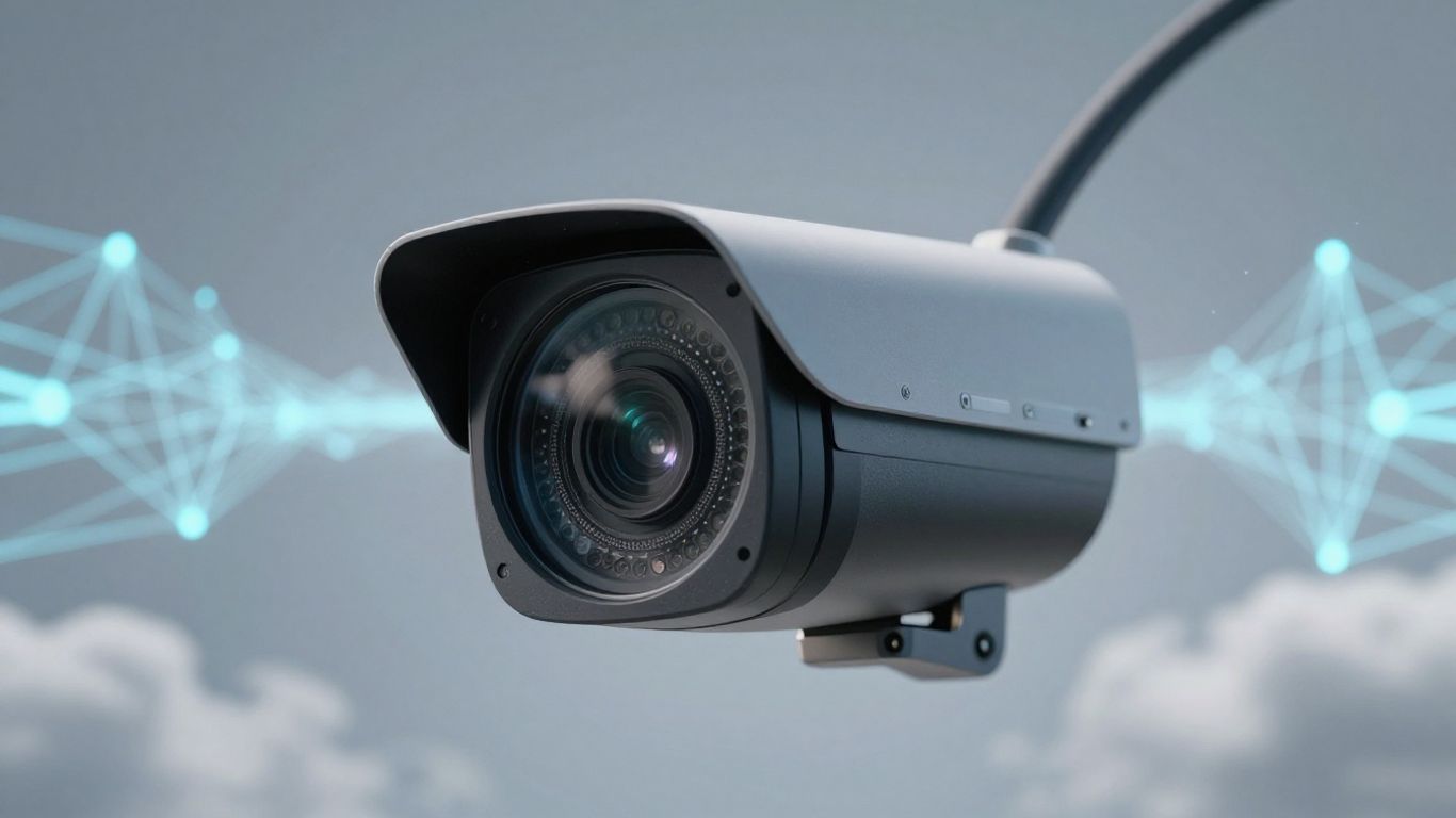 Cloud video surveillance with AI and digital network lines.