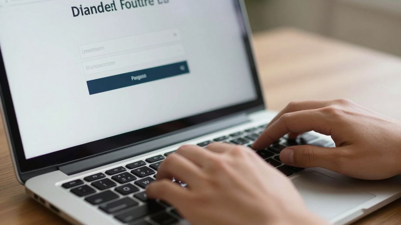 Hands typing on a laptop keyboard with a login screen.