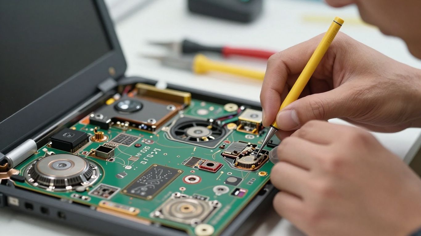 Computer repair technician fixing a laptop.