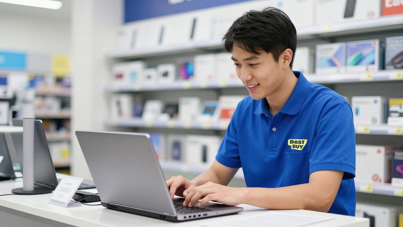 Best Buy technician repairing a laptop in-store.