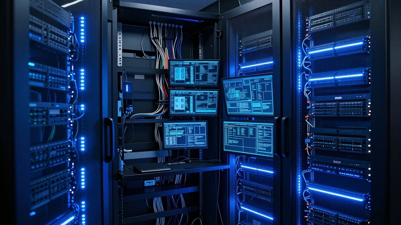 Genetec unified security software interface on monitors.