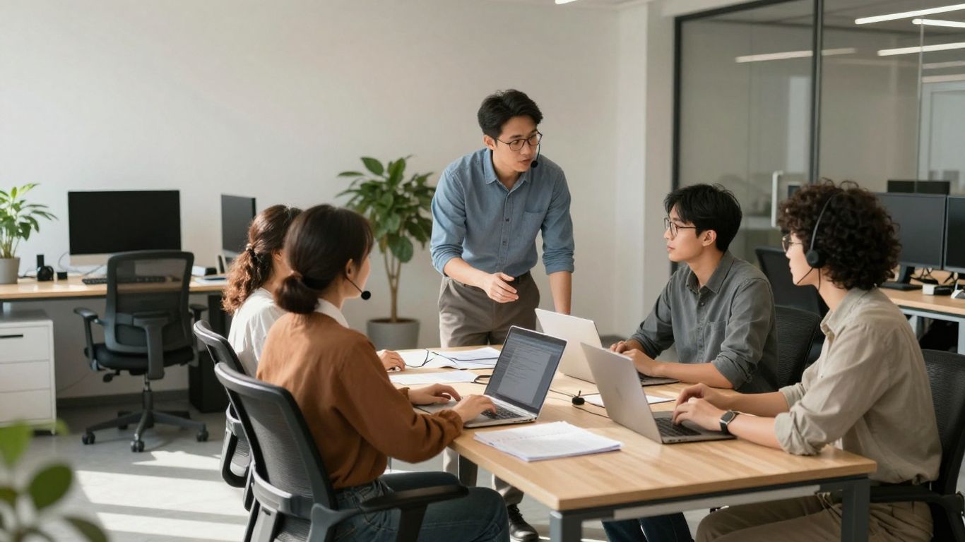 Team collaborating in a modern office with technology.