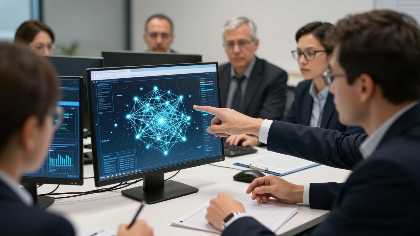 Team working on digital interfaces and network diagrams.