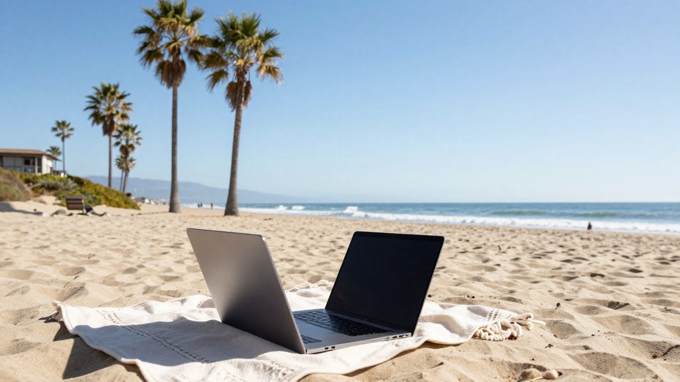 California coast with laptop on beach, remote IT jobs.