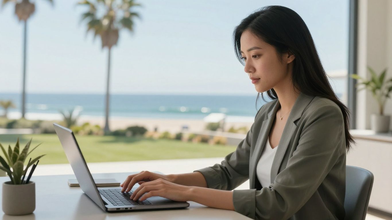 Software engineer working remotely with California coast view.