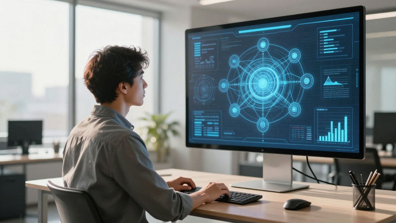 Solutions Architect working with a holographic network diagram.
