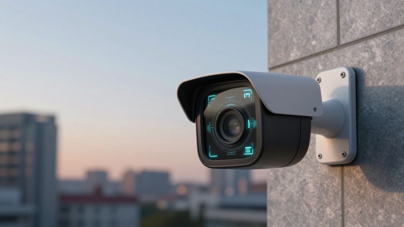 AI cloud video surveillance camera on building exterior.