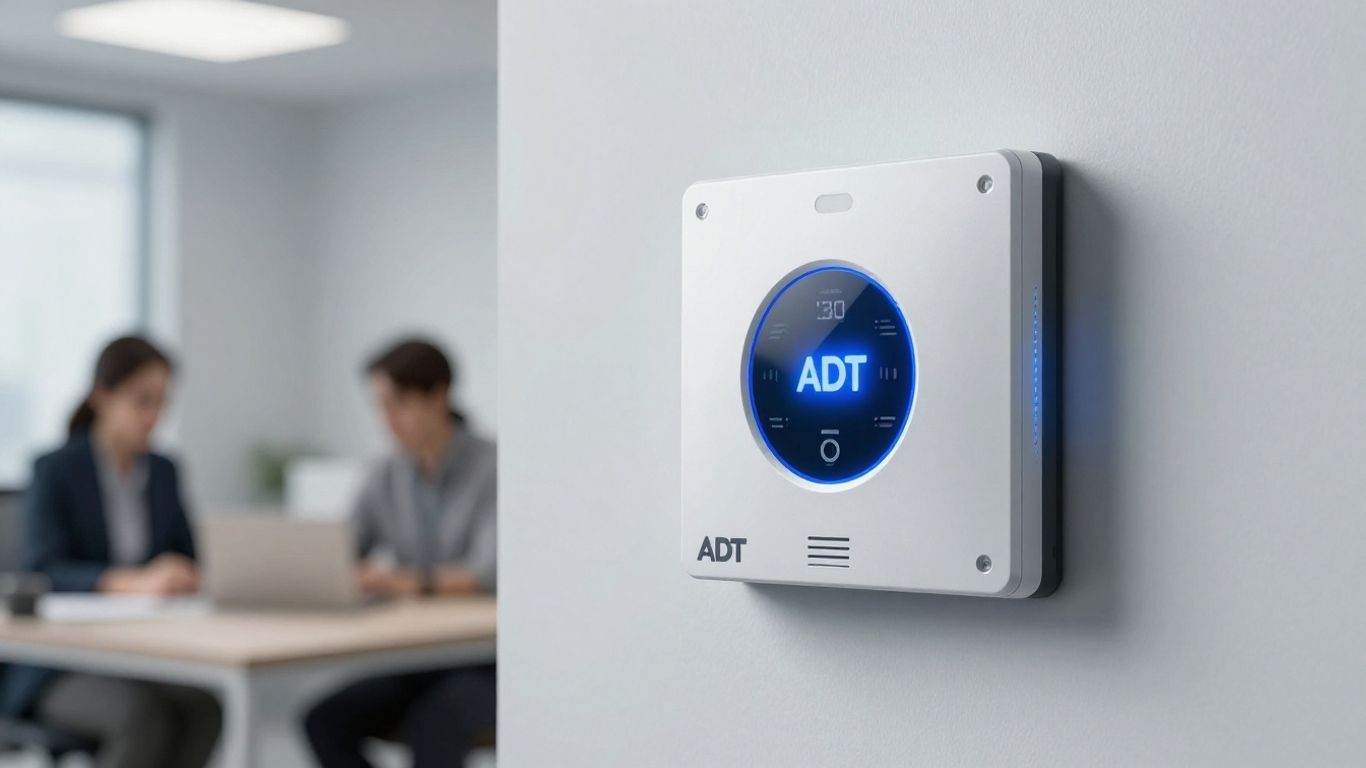 ADT commercial alarm system panel in a business setting.