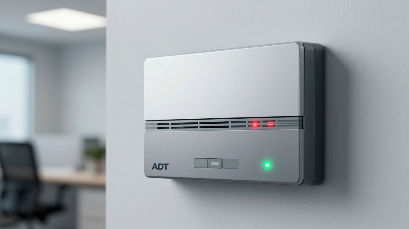 ADT commercial alarm system panel on office wall.