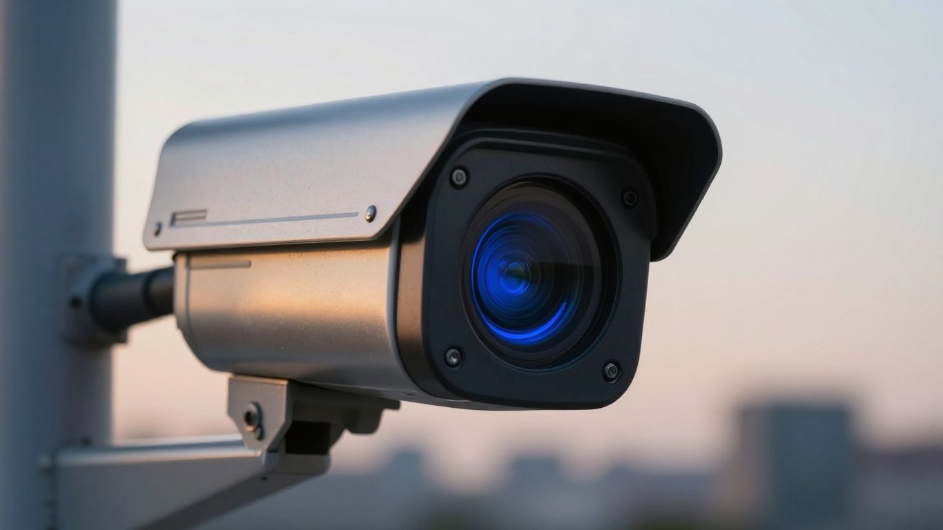 Modern security camera overlooking a blurred city skyline.