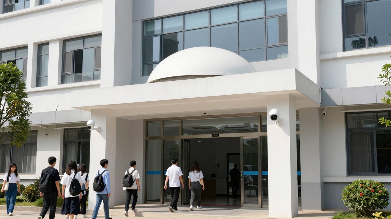 School entrance with visible security cameras and students outside.
