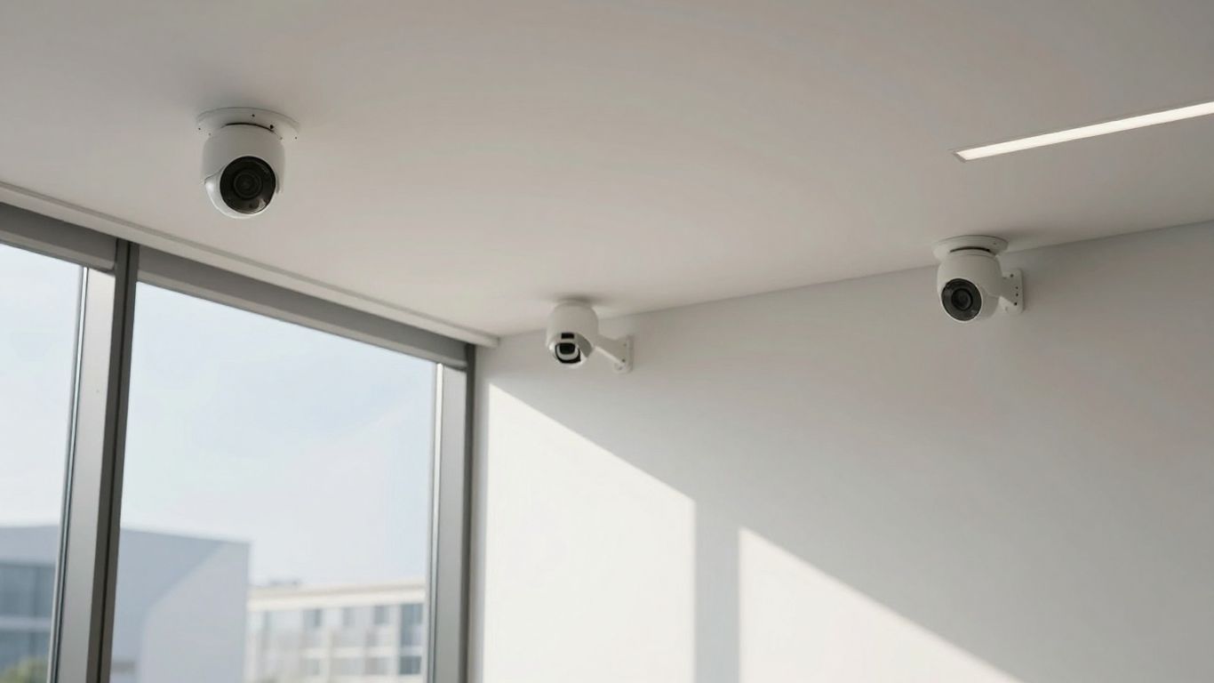 Modern office with visible security cameras.