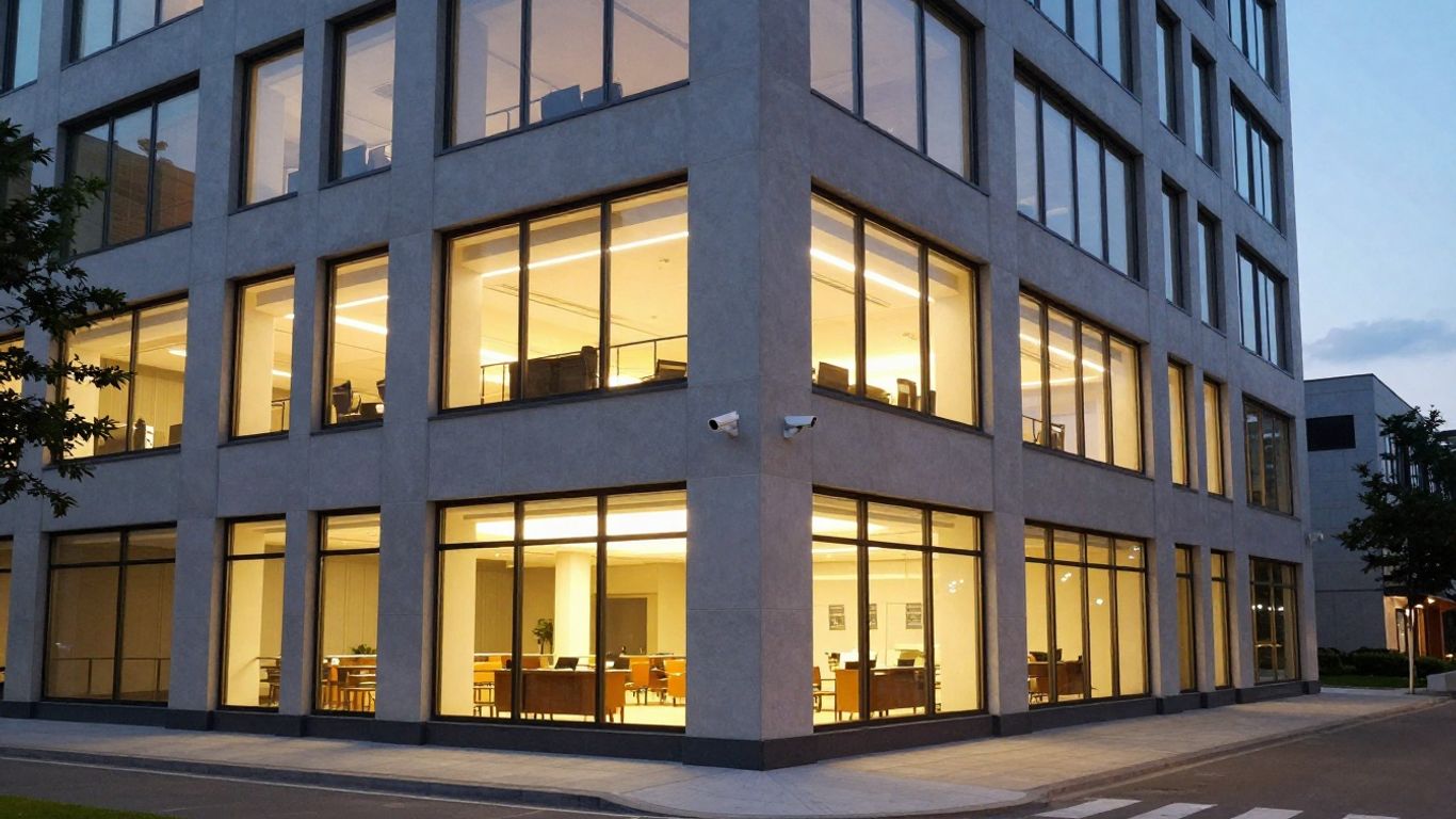 Modern office building with visible security camera at dusk.