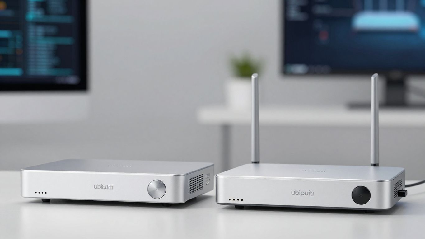 Ubiquiti and TP-Link routers side-by-side.