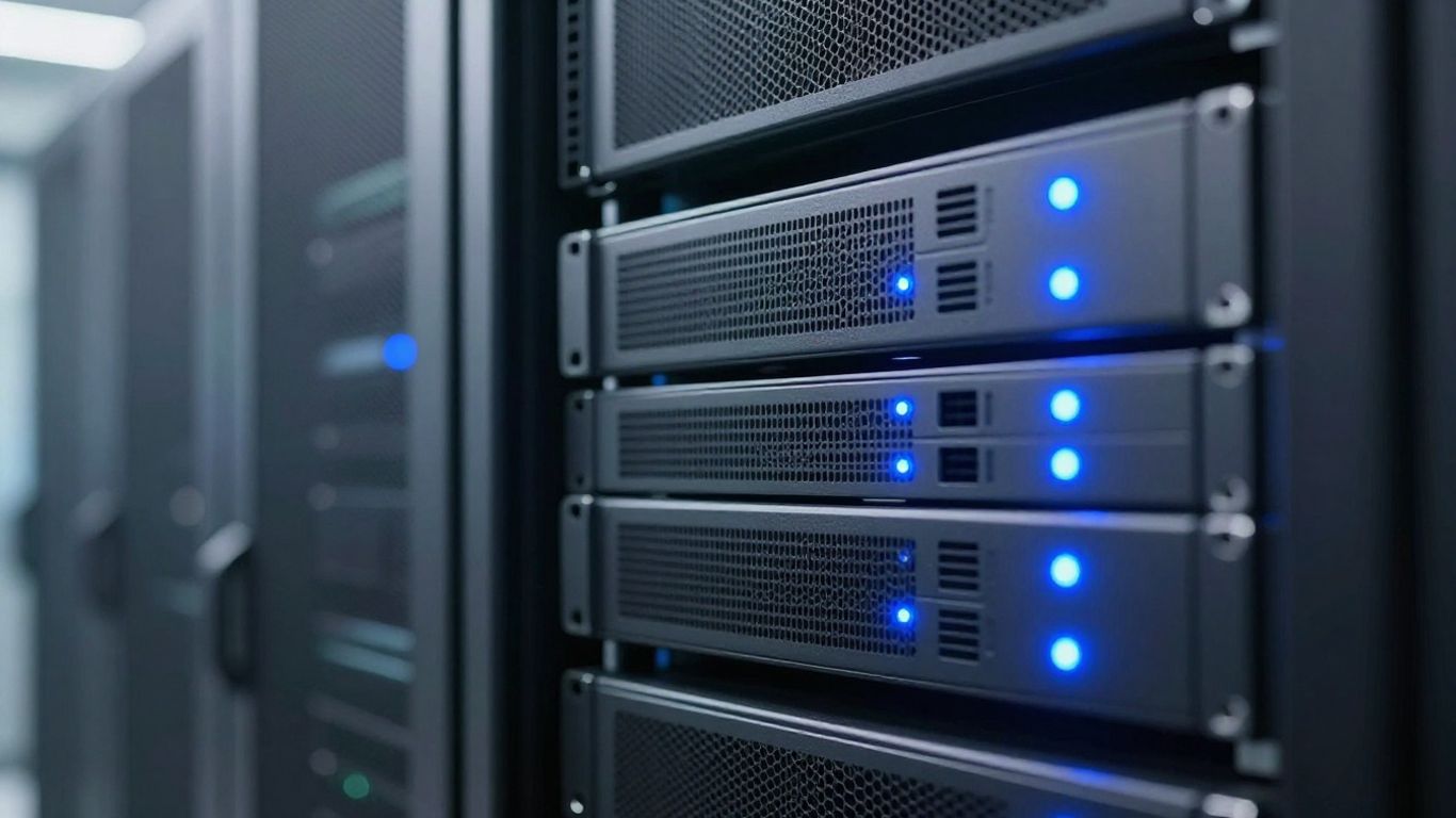 Verkada server rack with glowing blue lights in a data center.