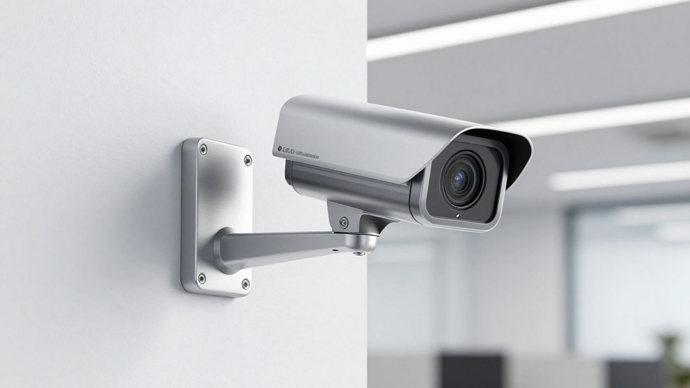 Avigilon camera mounted on a wall in an office.