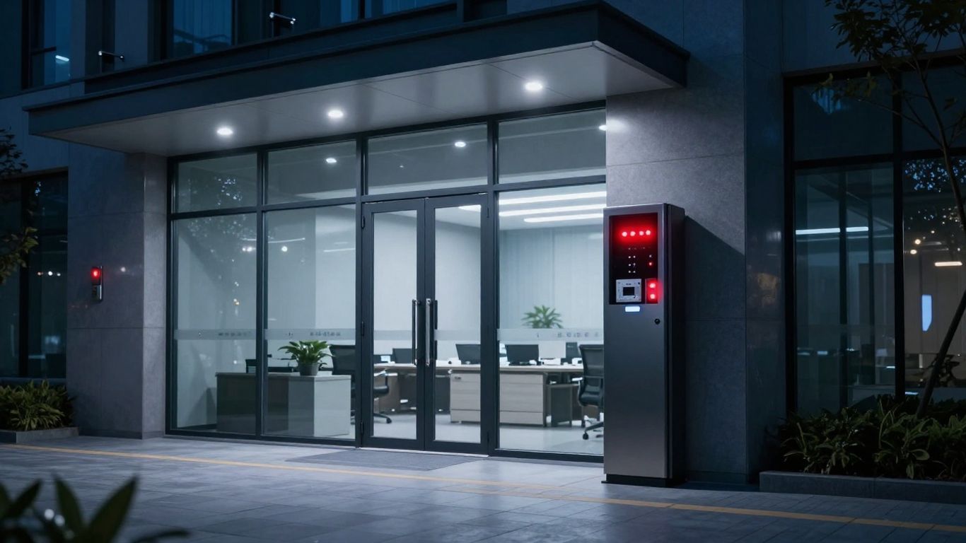 Modern office building with security alarm system.