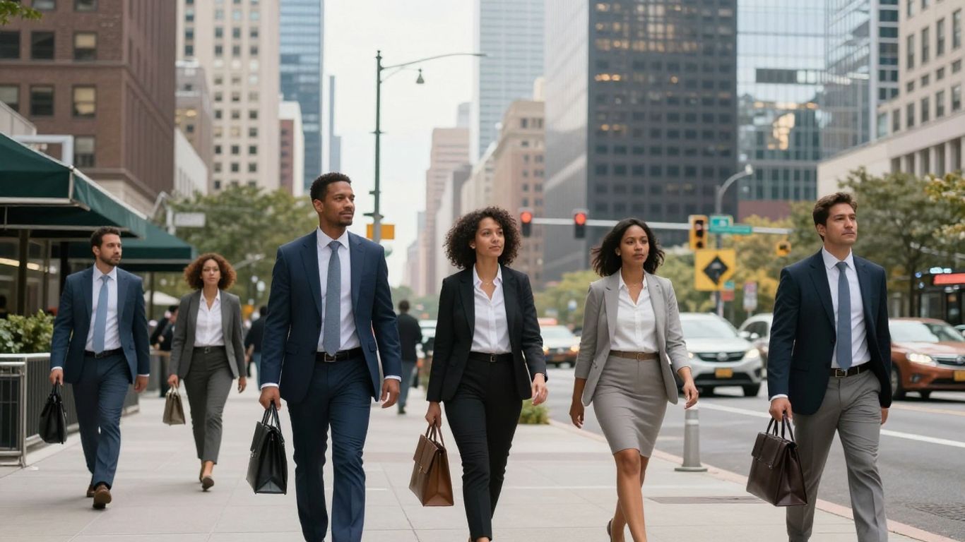 New Jersey cityscape with busy professionals and skyscrapers.