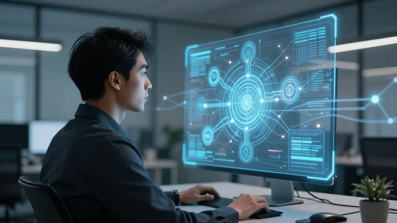 IT professional managing complex network with holographic interface.