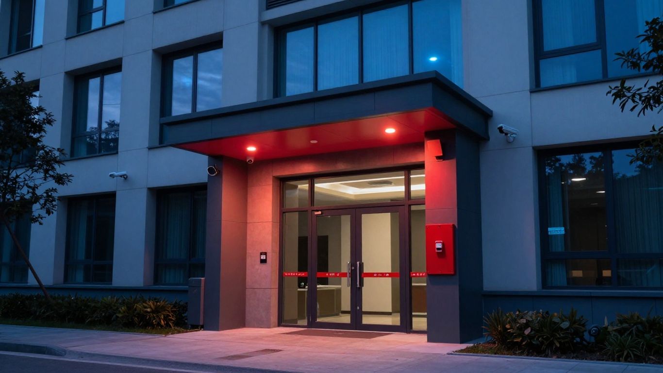 Modern commercial building with glowing alarm system panel.