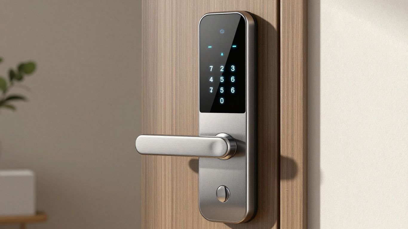Modern smart lock on a commercial building door.