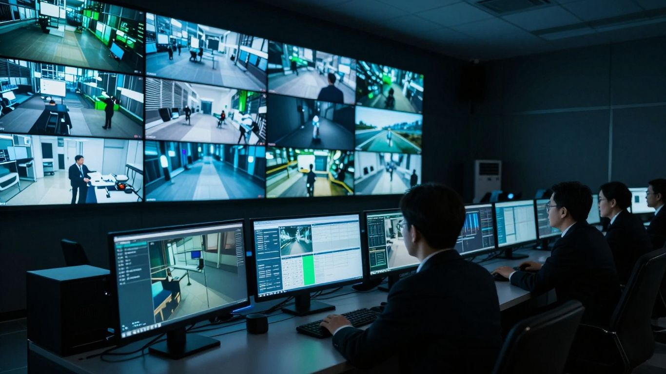 Modern security control room with surveillance monitors and a person.