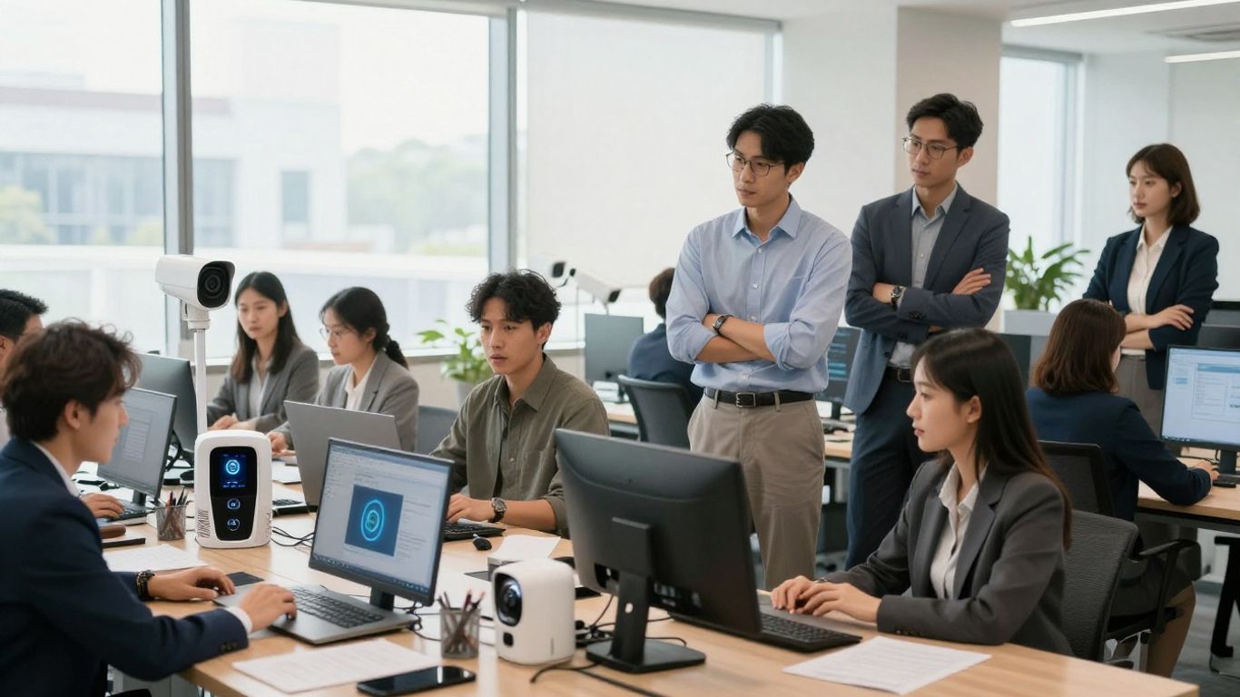 People discussing security devices in an office environment