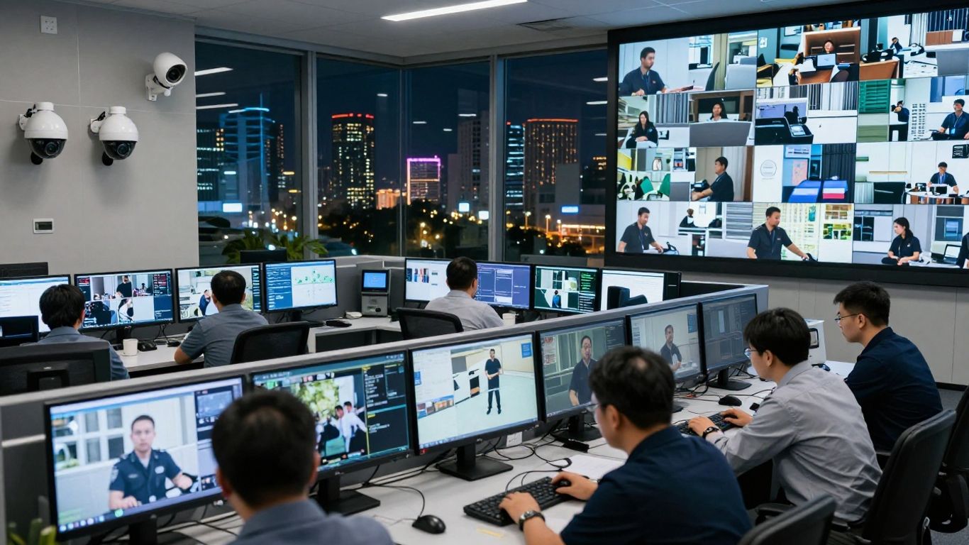 Futuristic surveillance room with screens and cameras