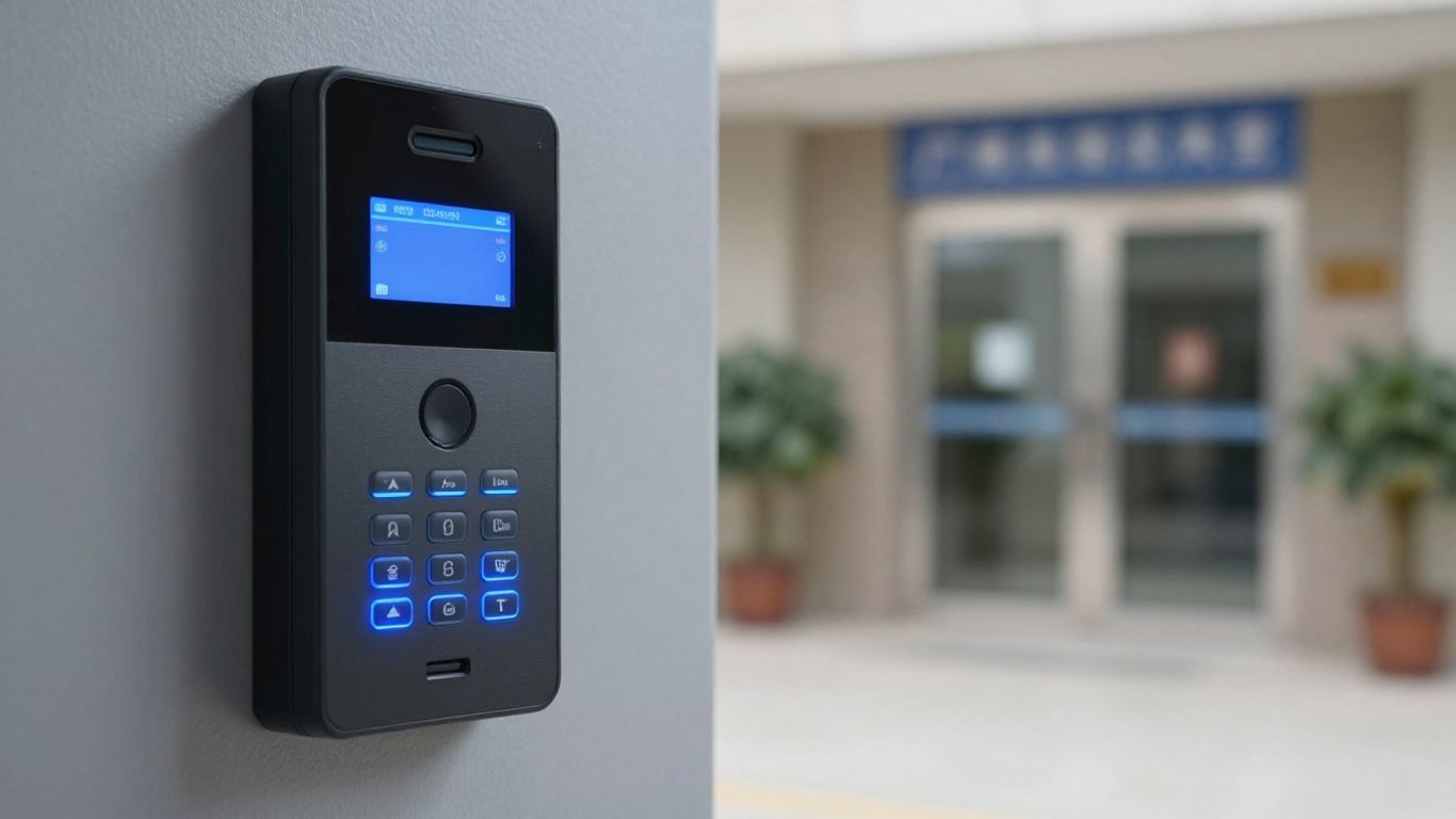 Genetec access control panel and secure building entrance.