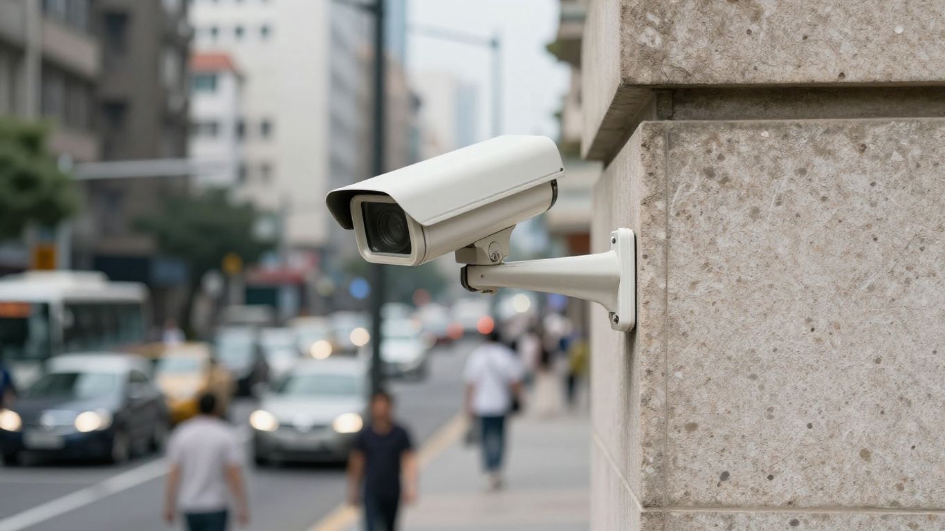 Modern security camera monitoring a busy city street