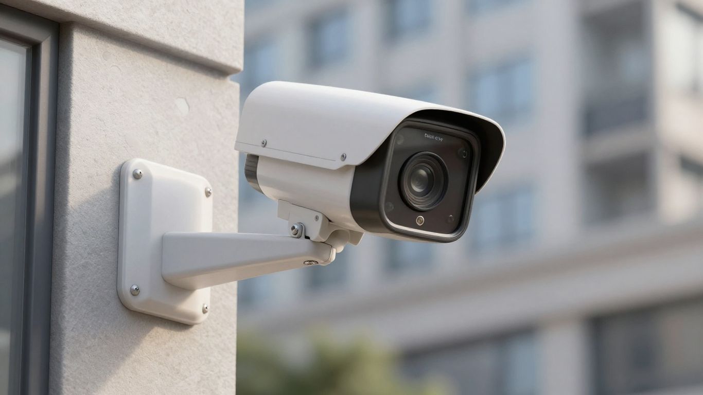 Eagle Eye camera on building, AI surveillance
