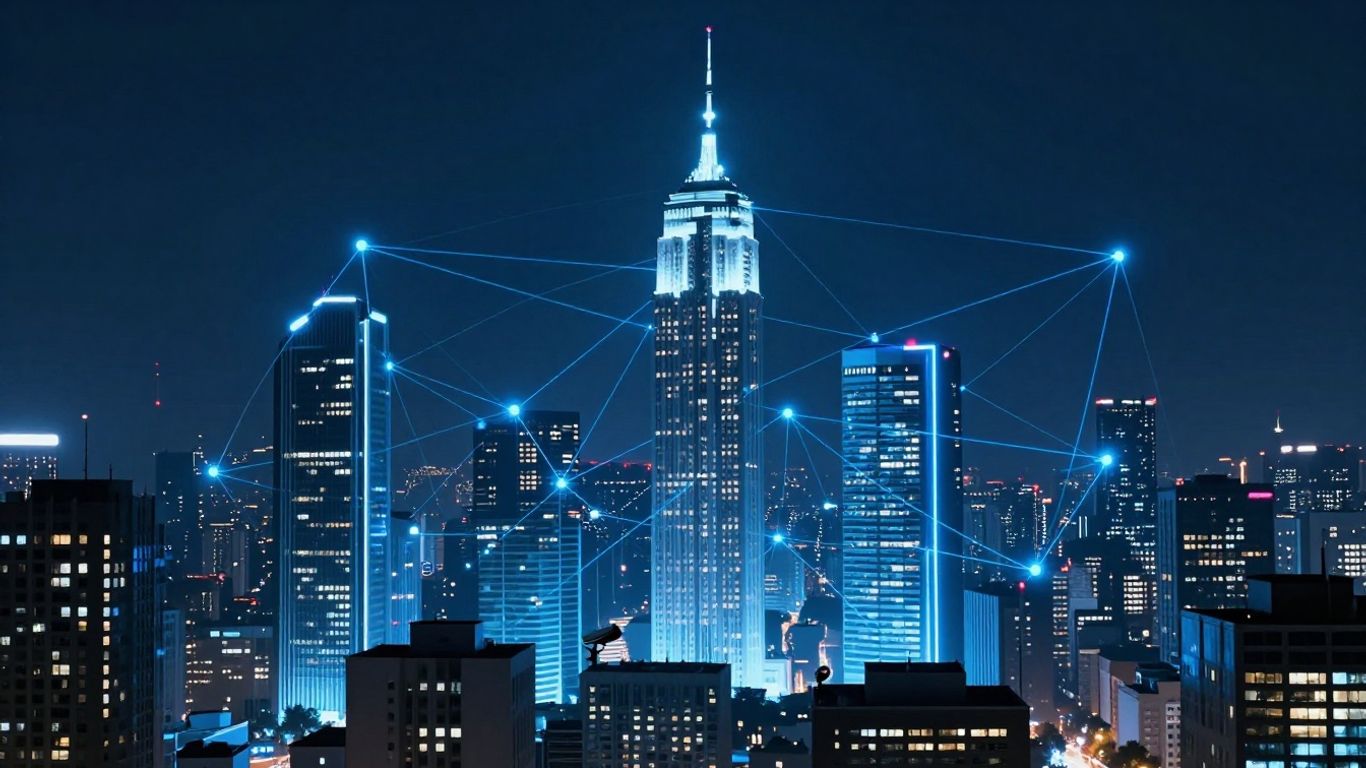 Futuristic cityscape with glowing blue network lines and cameras.