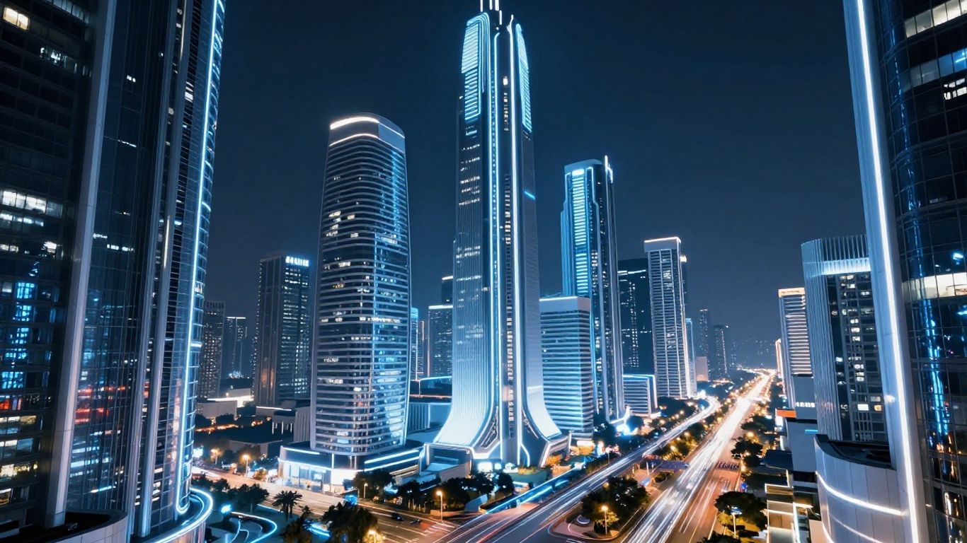 Futuristic cityscape with glowing lights, representing innovation.