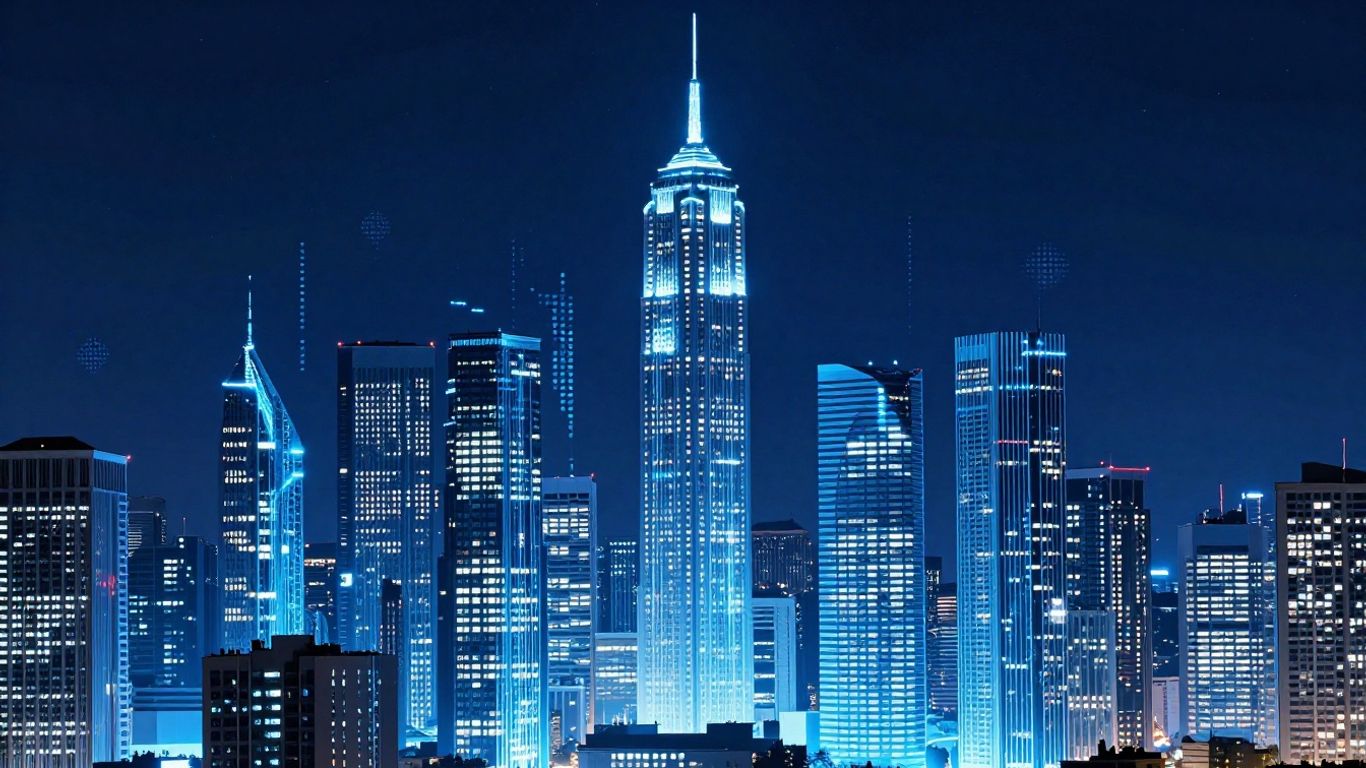 Futuristic cityscape with glowing blue data streams.