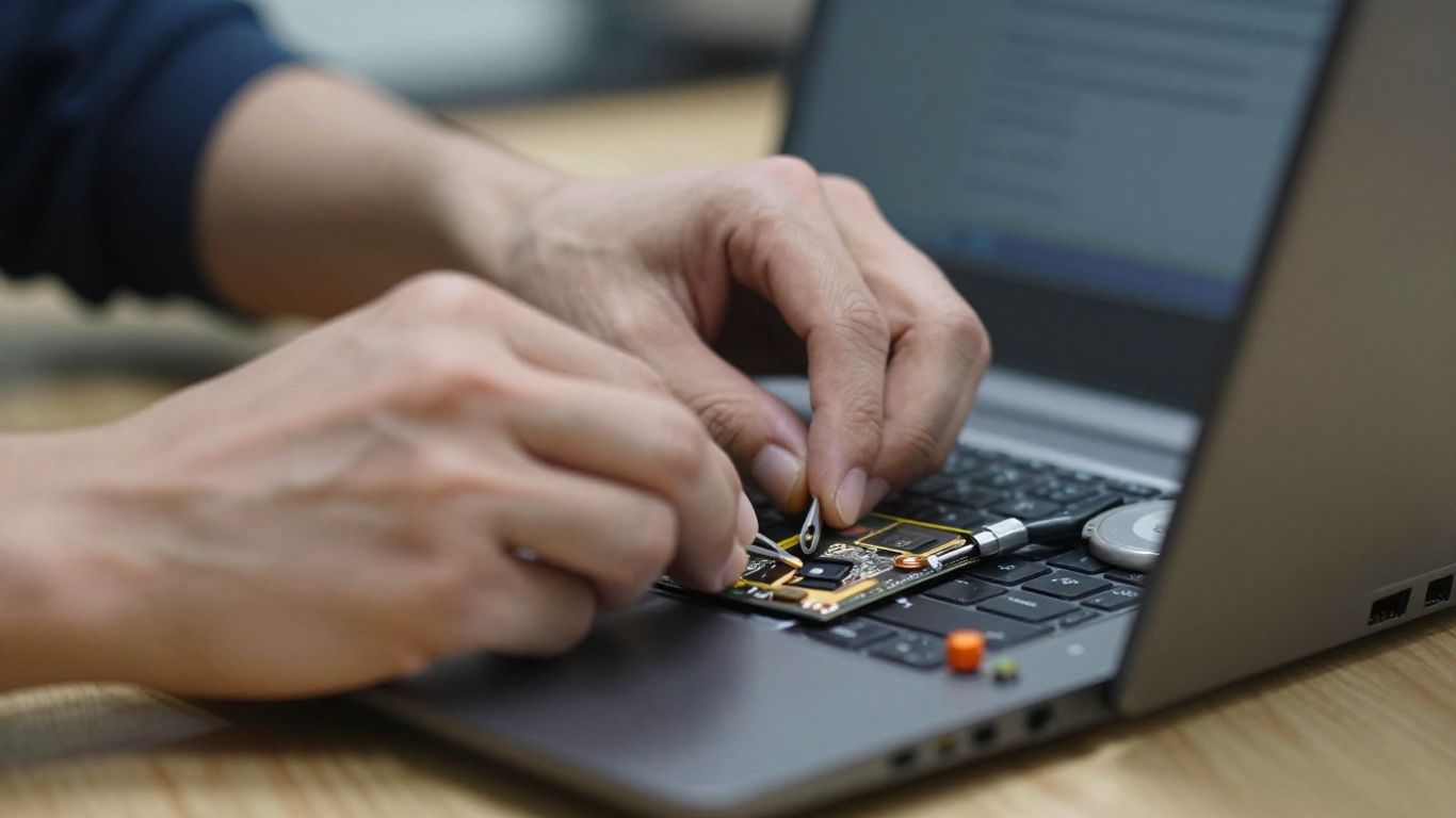 Computer repair technician fixing a laptop.