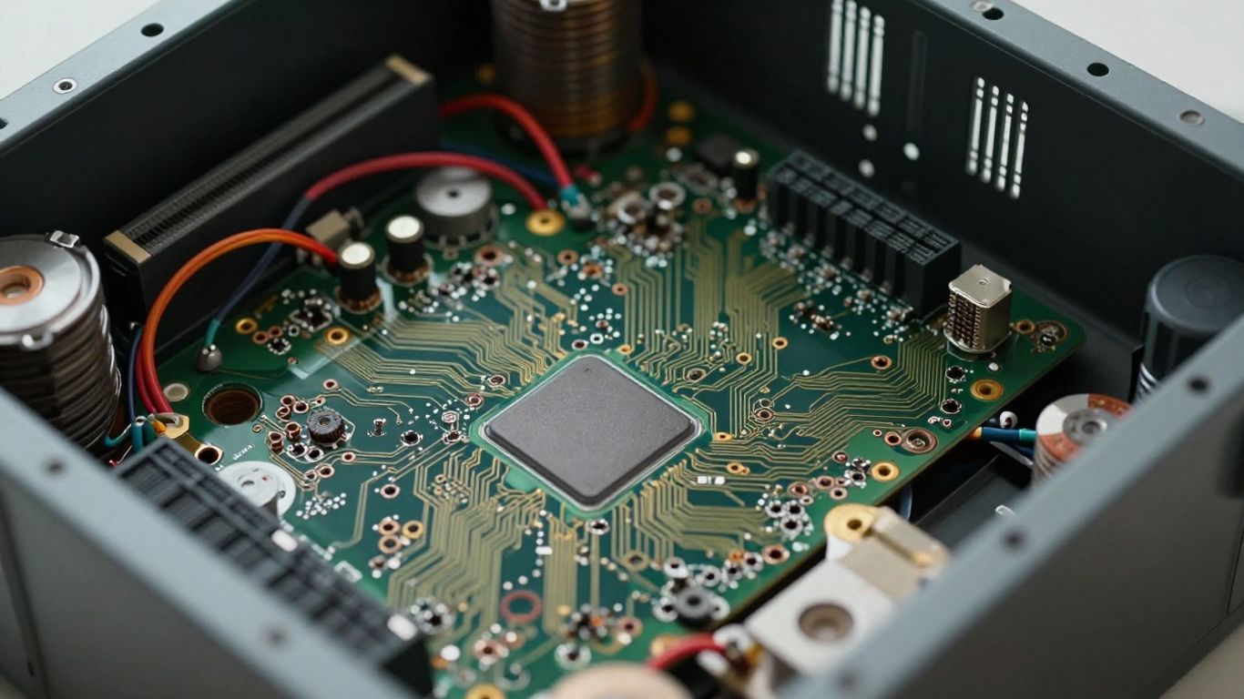 Computer hardware close-up with circuit boards and wires.